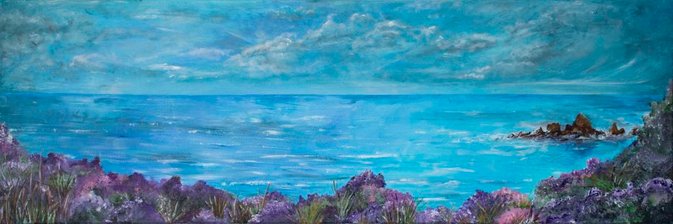 A moment      Ref : HD 004 - 47x16inch  A gorgeous panoramic seascape, celebrating every ounce of joy the coast offers. Rich purple heather frames the bottom of the painting leading the eye to explore. Heather represents admiration, beauty and good luck. It has been known to be associated with solitude and protection. The traditional purple heather is used to represent admiration, beauty and solitude, while the pink is associated with good luck.