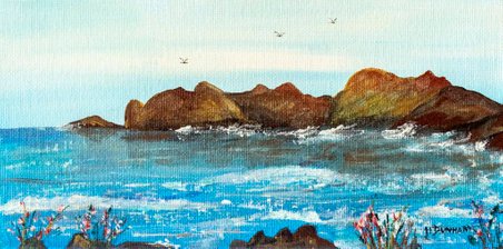 Safe haven     Ref : HD 008  -  10x5inch  Gentle reflections, rustling waves and delicate flowers moving in the breeze. Calm skies, a safe haven.